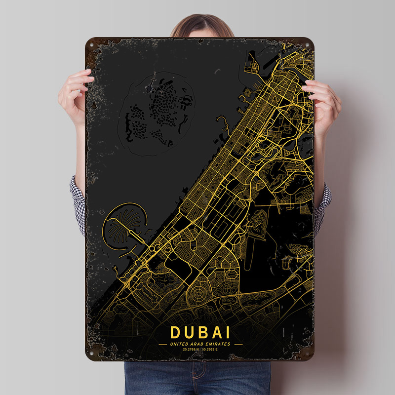 Home Decor Dubai - Poster Logam Peta Kota Dubai Emas,