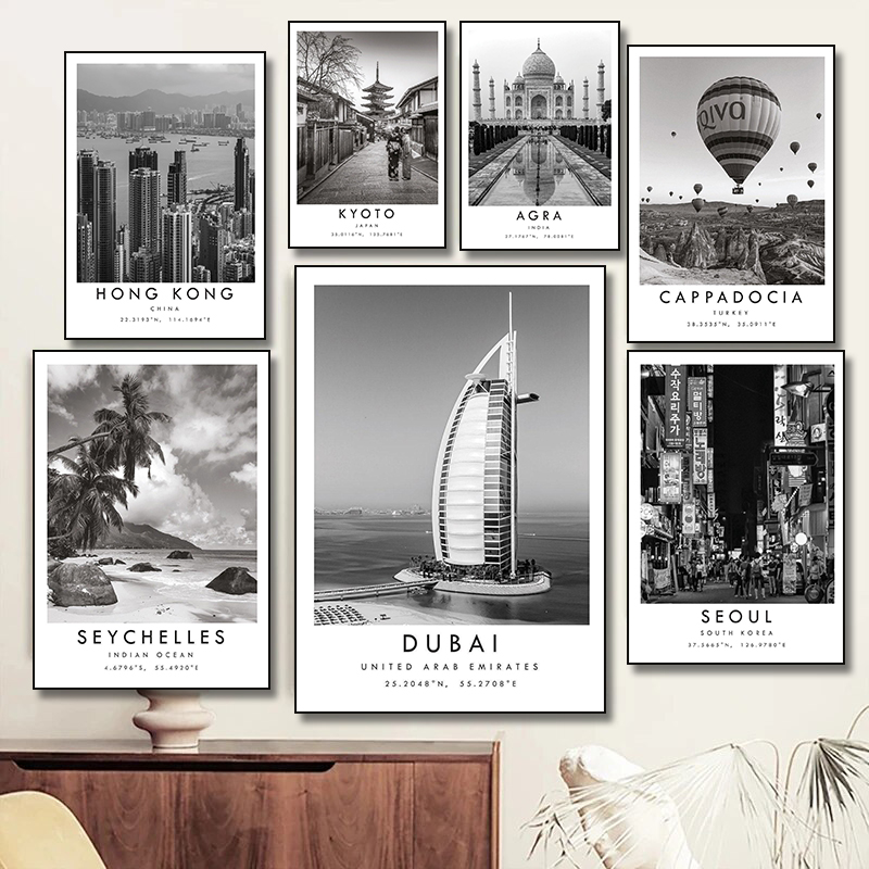 Home Decor Dubai - Poster Kota Perjalanan Hitam Putih Dubai