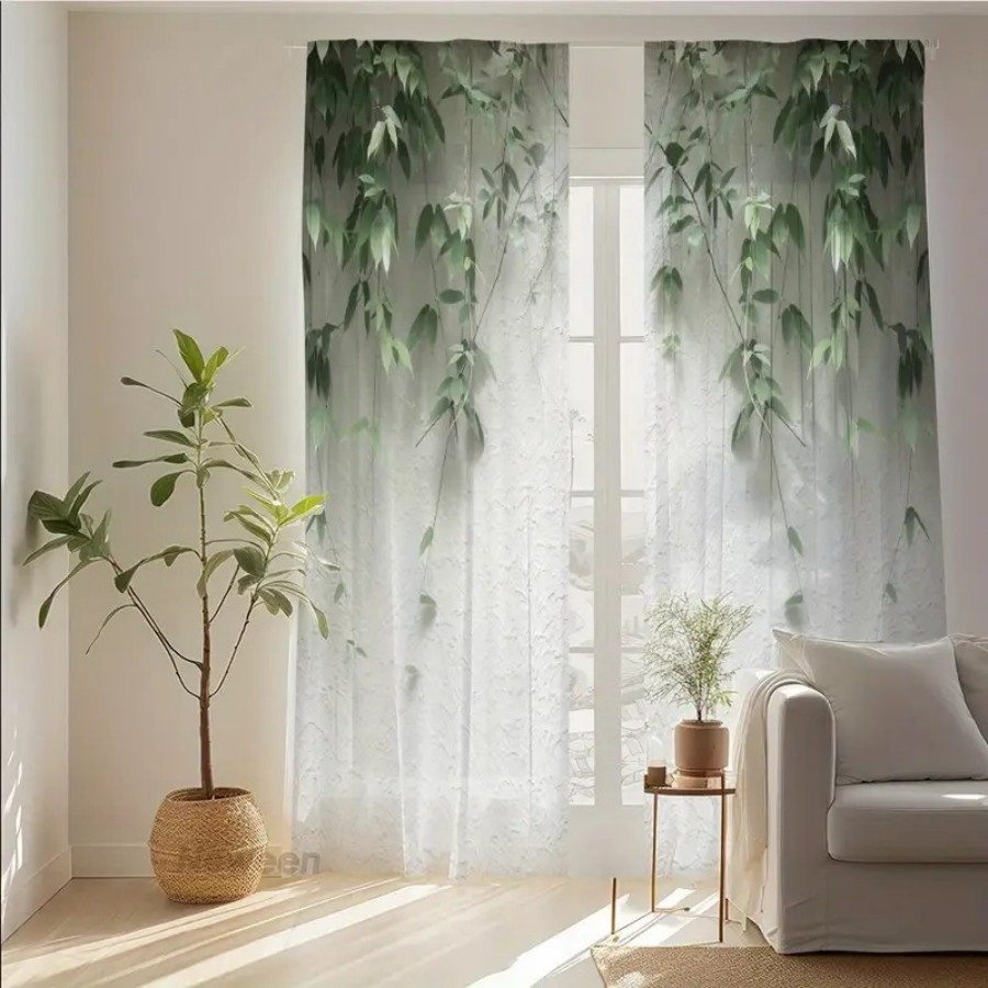 Home Decor Wall Panels - 2PCS Tirai Transparan Cetak Digital, Daun